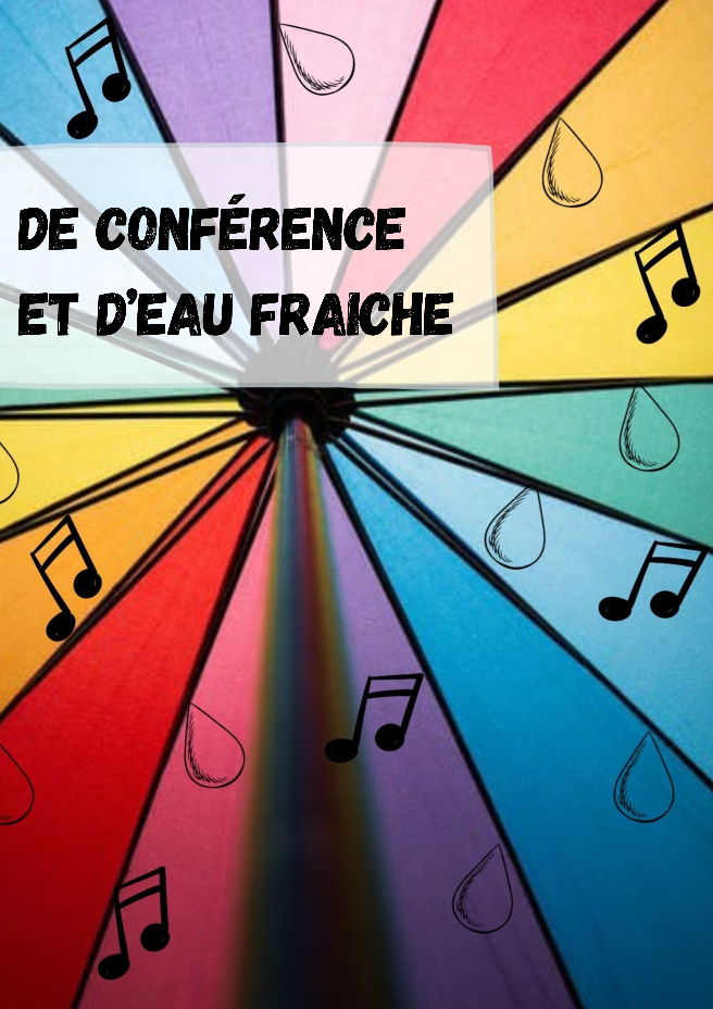 Theatrical poster, contemporary French theater, musical with women, microphones and subtle water motif, elegant minimalist black and gold, stage lighting, 3 actresses, candid rehearsal vibe, high-resolution, cinematic