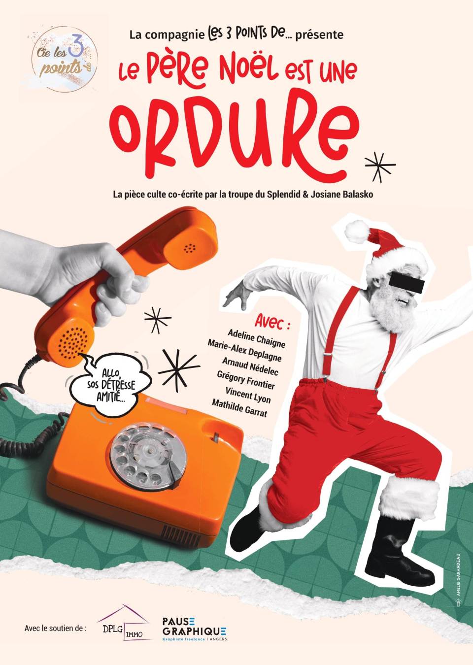 Theatrical poster for French comedy 'Le père noël est une ordure' — chaotic office with Christmas decorations, Santa hat askew, playful 1980s neon color accents, humorous, high-resolution